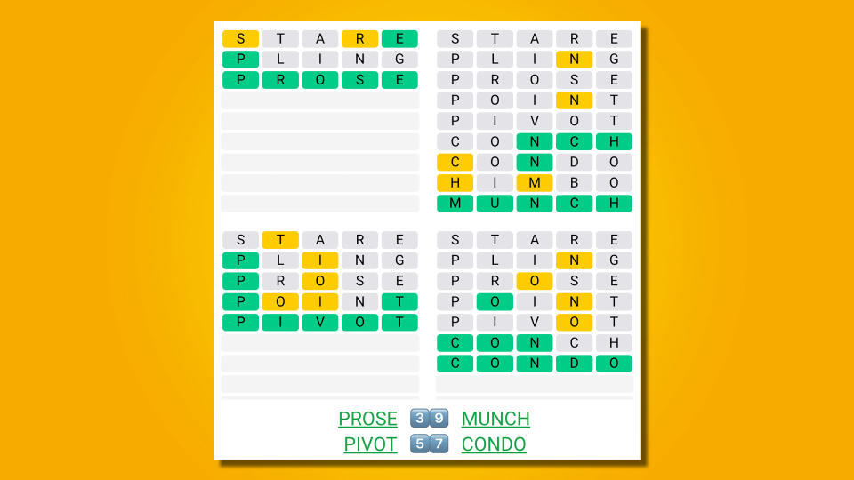 Quordle Daily Sequence answers for game 470 on a yellow background