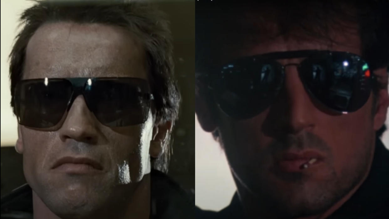  Arnold Schwarzenegger in The Terminator and Sylvester Stallone in Cobra, pictured side by side and wearing sunglasses. 