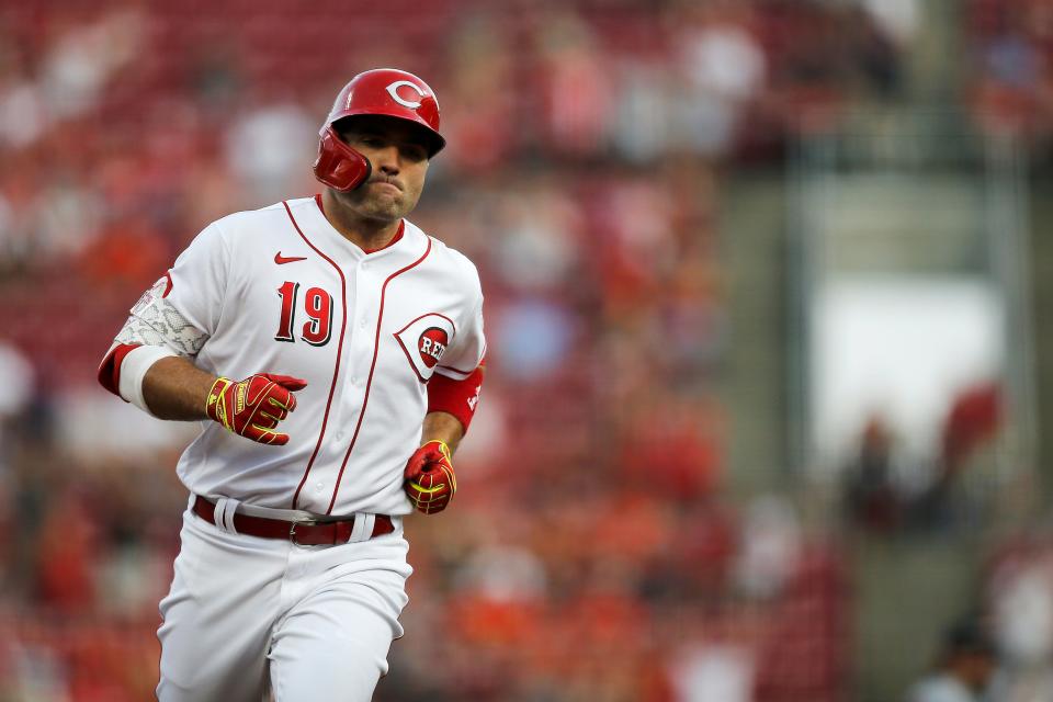 Cincinnati Reds first baseman Joey Votto (19) runs the bases on a solo home run in the third inning of the MLB National League game between the Cincinnati Reds and the St. Louis Cardinals at Great American Ball Park in downtown Cincinnati on Friday, July 22, 2022.