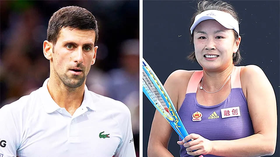 Pictured left, Novak Djokovic alongside a photo of Chinese tennis star Peng Shuai.