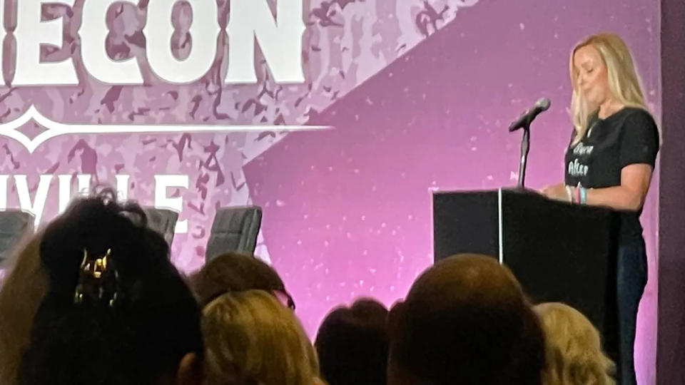 Tara Petito delivers remarks during a panel discussion at CrimeCon 2024 in Nashville, Tennessee.