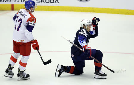 Ice Hockey - 2018 IIHF World Championships - Quarterfinals - USA v Czech Republic - Jyske Bank Boxen - Herning, Denmark - May 17, 2018 - Patrick Kane of the U.S. celebrates after scoring. REUTERS/David W Cerny