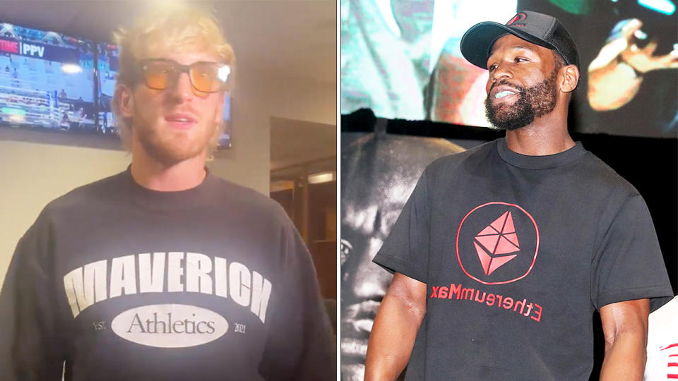 Logan Paul (pictured left) arrives and talks to the cameras ahead of his bout with Floyd Mayweather (pictured right) at weigh-ins.