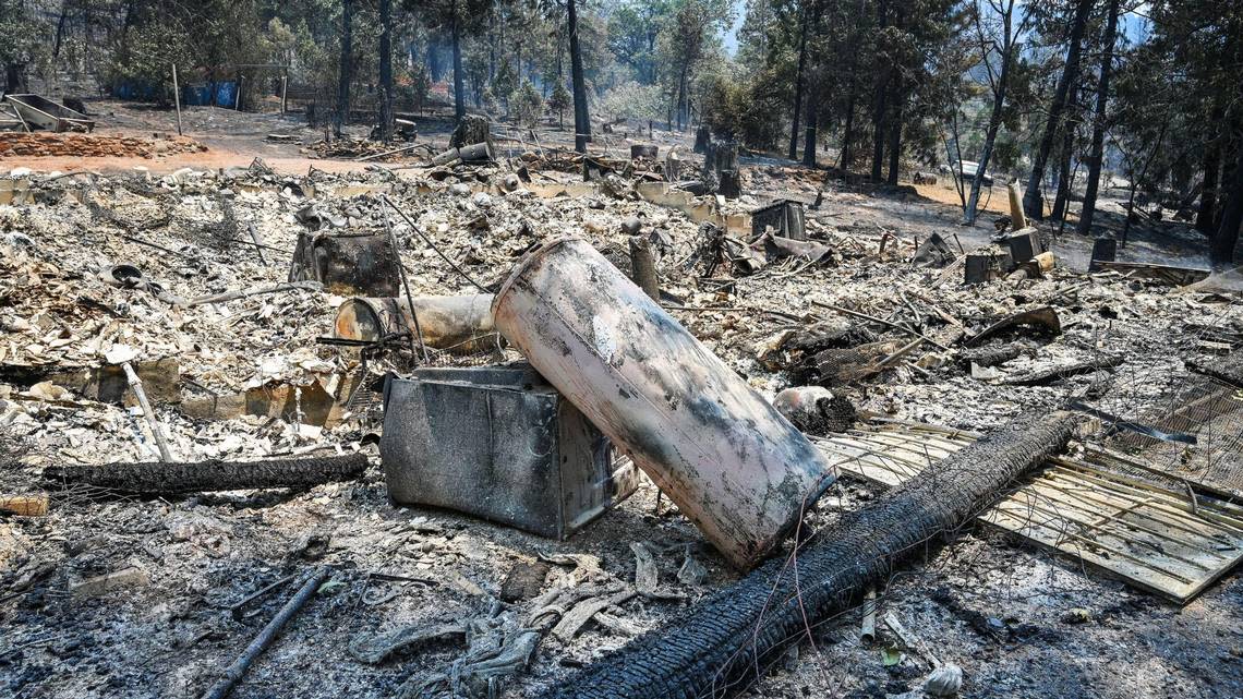 Very little remains in the ashes of a home burned in the Oak Fire near Jerseydale Road in Mariposa County on Tuesday, July 25, 2022.