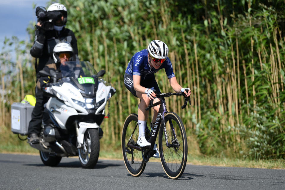 MONTIGNACLASCAUX FRANCE  JULY 25 Julie Van De Velde of Belgium and Team FenixDeceuninck competes in the breakaway during the 2nd Tour de France Femmes 2023 Stage 3 a 1472km stage from CollongeslaRouge to MontignacLascaux  UCIWWT  on July 25 2023 in MontignacLascaux France Photo by Alex BroadwayGetty Images