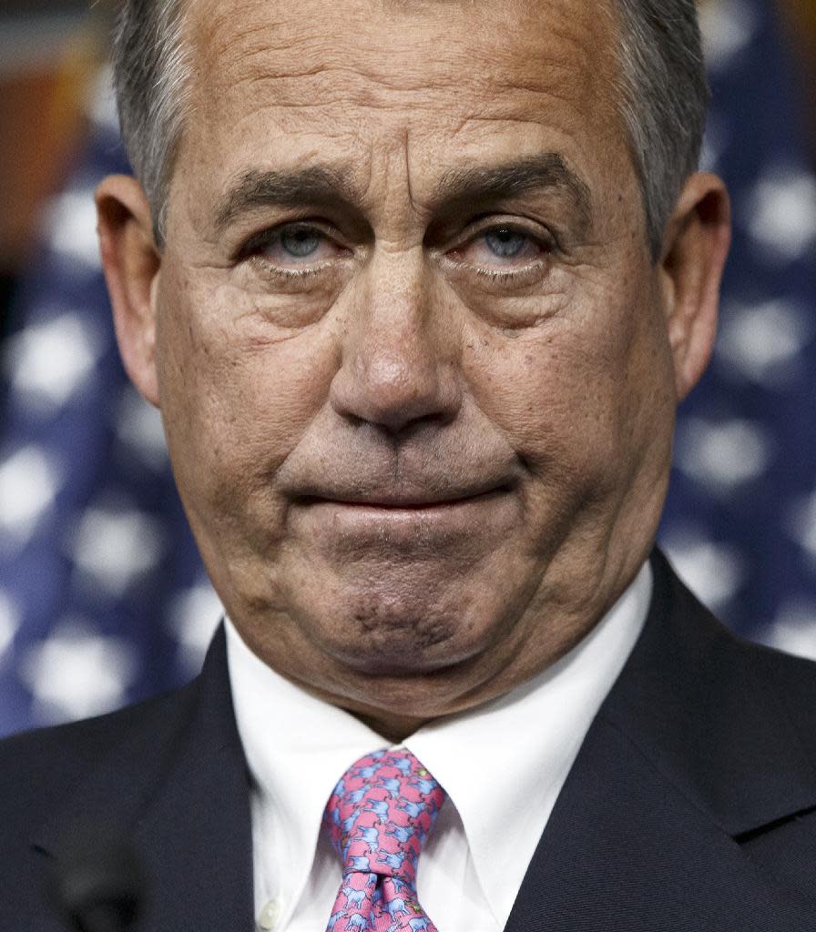 House Speaker John Boehner of Ohio pauses during a news conference on Capitol Hill in Washington, Thursday, Feb. 6, 2014. Boehner said Thursday it will be difficult to pass immigration legislation this year, dimming prospects for one of President Barack Obama's top domestic priorities. (AP Photo/J. Scott Applewhite)