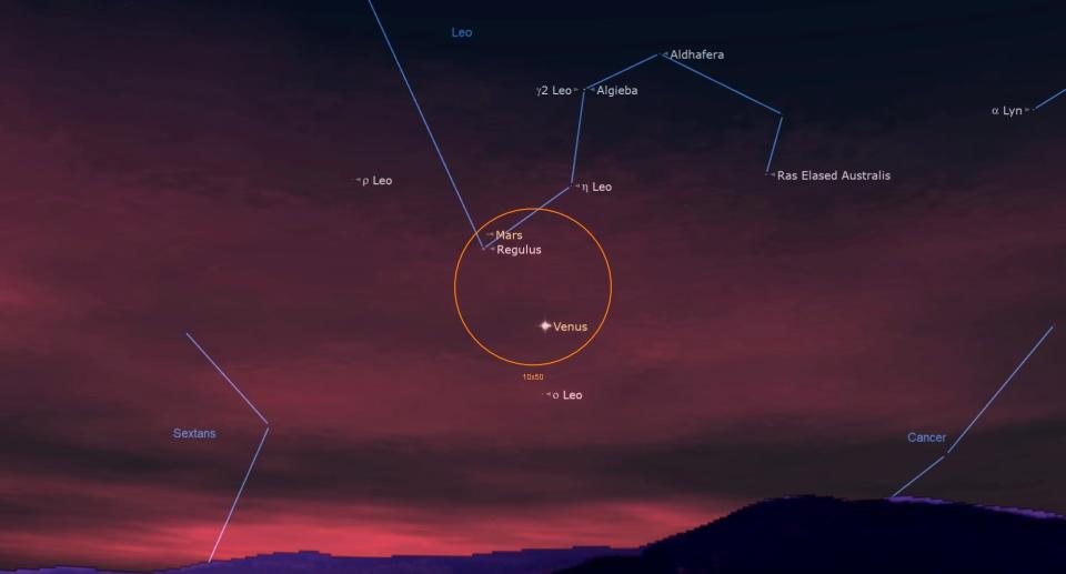 Mars is in the night sky near the star Regulus