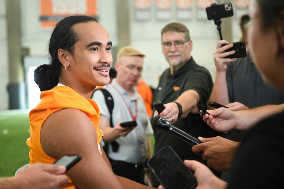 Tennessee quarterback <a class="link " href="https://sports.yahoo.com/ncaaf/players/404971/" data-i13n="sec:content-canvas;subsec:anchor_text;elm:context_link" data-ylk="slk:Nico Iamaleava;sec:content-canvas;subsec:anchor_text;elm:context_link;itc:0">Nico Iamaleava</a> is seen during Tennessee Football Media Day, Tuesday, Aug. 1, 2023.