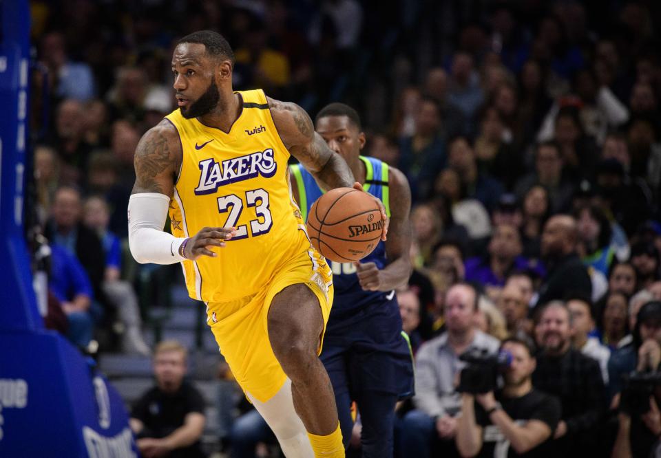 Jan 10, 2020; Dallas, Texas, USA; Los Angeles Lakers forward LeBron James (23) in action during the game between the Mavericks and the Lakers at the American Airlines Center. Mandatory Credit: Jerome Miron-USA TODAY Sports