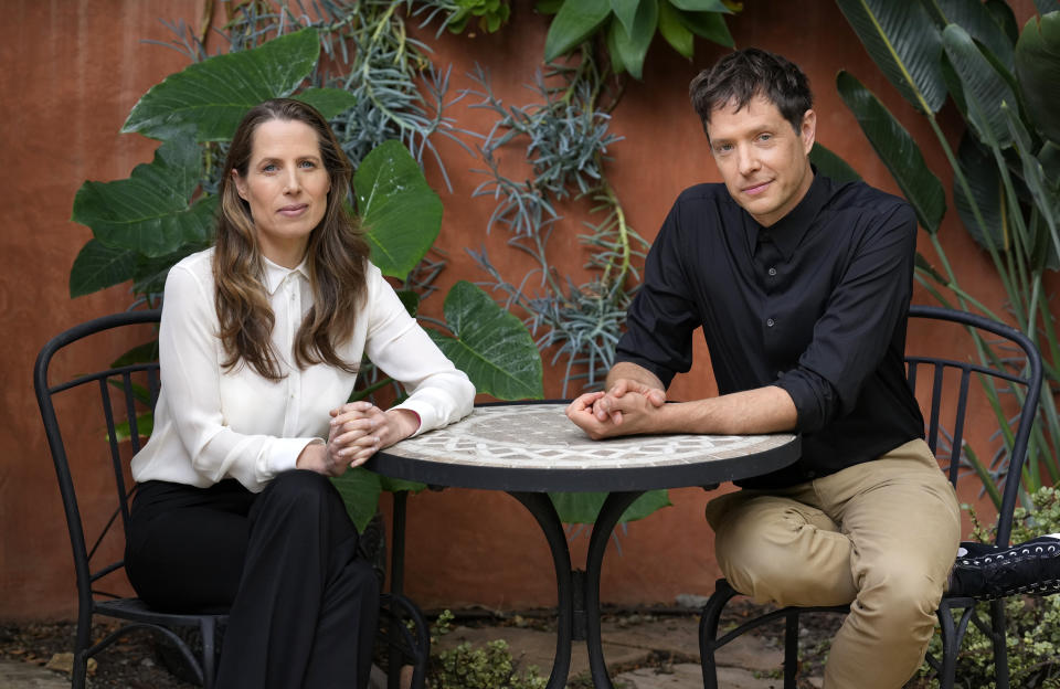 Kristin Gore, left, and her husband Damian Kulash, co-directors of the film "The Beanie Bubble," pose for a portrait in Los Angeles on June 28, 2023. (AP Photo/Chris Pizzello)