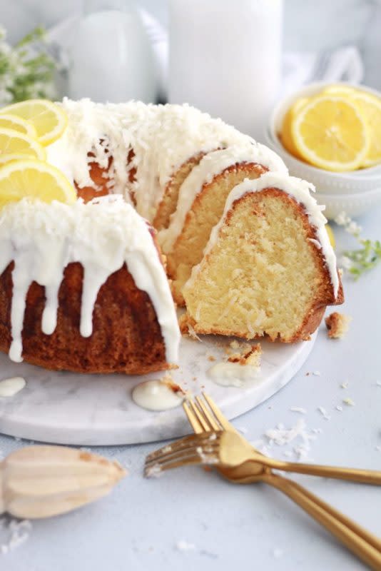 <p>Chef Elizabeth Reese</p><p>This incredibly dense Lemon Pound Cake with Coconut Icing is so moist and delicious. It’s a great weekend baking recipe perfect for spring!</p><p><strong>Get the recipe: <a href="https://chefelizabethreese.com/lemon-pound-cake-with-coconut-icing/" rel="nofollow noopener" target="_blank" data-ylk="slk:Lemon Pound Cake with Coconut Icing;elm:context_link;itc:0;sec:content-canvas" class="link rapid-noclick-resp">Lemon Pound Cake with Coconut Icing</a></strong></p>