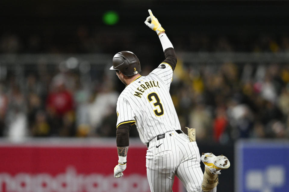 San Diego Padres' Jackson Merrill celebrates after hitting a solo home run during the third inning of a baseball game against the St. Louis Cardinals, Monday, April 1, 2024, in San Diego. (AP Photo/Denis Poroy)