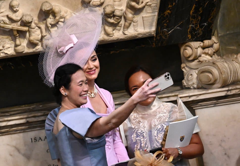 American singer-songwriter Katy Perry poses for a photo at Westminster Abbey in central London on May 6, 2023, during the coronations of Britain's King Charles III and Britain's Camilla, Queen Consort. - The set-piece coronation is the first in Britain in 70 years, and only the second in history to be televised. Charles will be the 40th reigning monarch to be crowned at the central London church since King William I in 1066. Outside the UK, he is also king of 14 other Commonwealth countries