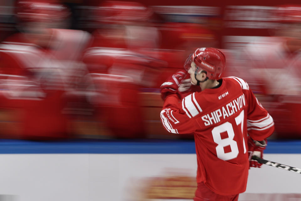 MOSCOW, RUSSIA  DECEMBER 15, 2021: Russia's Vadim Shipachyov celebrates scoring with his teammates in their 2021/22 Euro Hockey Tour Channel One Cup ice hockey match against Canada at the CSKA Arena. Valery Sharifulin/TASS (Photo by Valery Sharifulin\TASS via Getty Images)