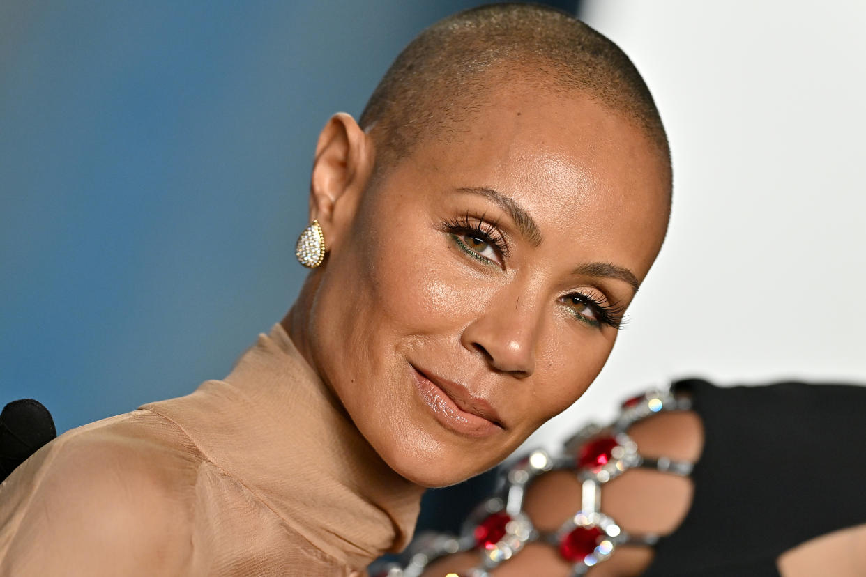 Jada Pinkett Smith stepped out in a gold gown for her first post-Oscars red carpet. (Photo: Axelle/Bauer-Griffin/FilmMagic)