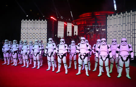 Actors dressed as storm troopers stand in formation at the European Premiere of 'Star Wars: The Last Jedi', at the Royal Albert Hall in central London, Britain December 12, 2017. REUTERS/Hannah McKay