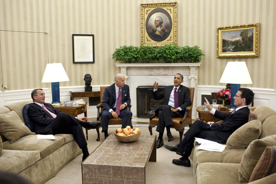 House Speaker John Boehner, Vice President Joe Biden, President Barack Obama andHouse majority leader Eric Cantor meet in the Oval Office in 2011 after the battle over raising the debt ceiling. 