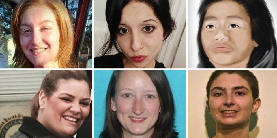 Clockwise from top left, Kristin Smith, Ashley Real, an unidentified woman who died April 24 in Portland, Charity Perry, Bridget Webster and Joanna Speaks. (Portland Police Bureau; Multnomah County Medical Examiner’s Office; Polk County Sheriff's Office; via GoFundMe)