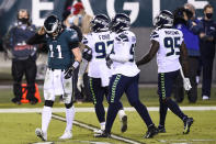 Philadelphia Eagles' Carson Wentz walks off the field during the second half of an NFL football game against the Seattle Seahawks, Monday, Nov. 30, 2020, in Philadelphia. (AP Photo/Derik Hamilton)