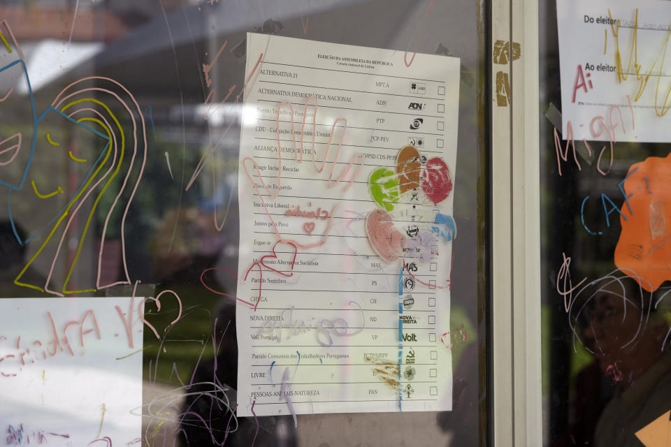 A ballot is photographed at the window of a polling station in Lisbon, Sunday, March 10, 2024. Portugal is holding an early general election on Sunday when 10.8 million registered voters elect 230 lawmakers to the National Assembly, the country's Parliament. (AP Photo/Armando Franca)