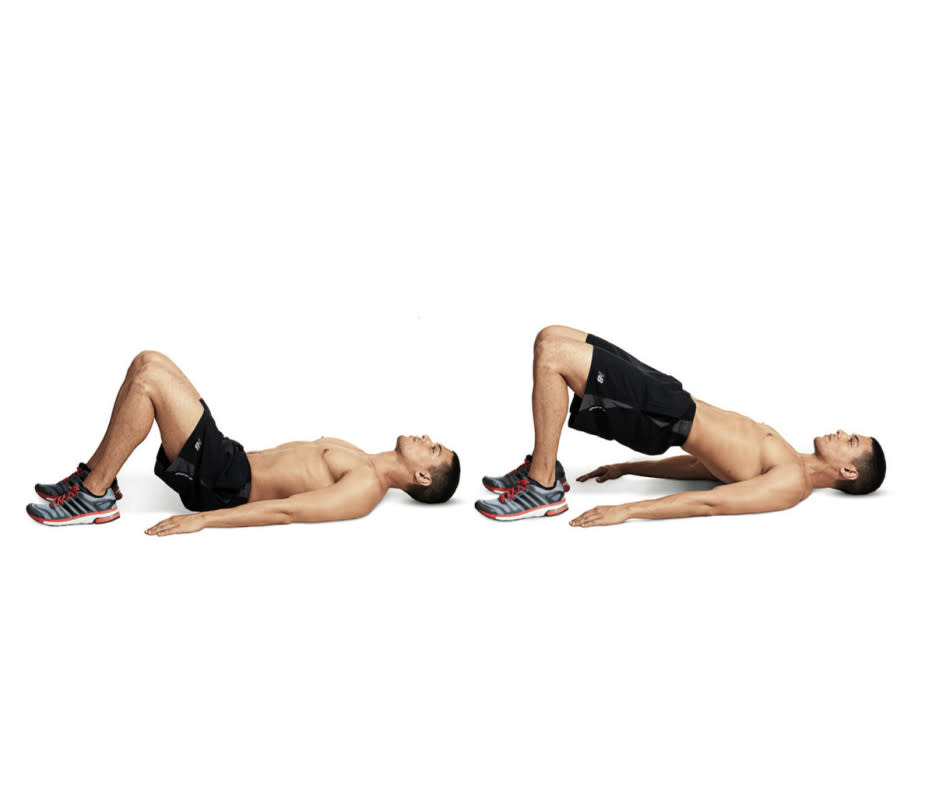 How to do it:<ol><li>Lie down with your back, palms, and feet flat on the floor, knees bent.</li><li>Press your feet into the ground as you raise both hips up toward the ceiling.</li><li>“At the top of the movement, <a href="https://www.yahoo.com/lifestyle/20-best-glute-exercises-time-184406378.html" data-ylk="slk:squeeze your glutes;elm:context_link;itc:0;sec:content-canvas;outcm:mb_qualified_link;_E:mb_qualified_link;ct:story;" class="link  yahoo-link">squeeze your glutes</a> together to ensure you don’t arch or drop your low back,” Ibrahim says.</li><li>Hold at the top for a two-second count, then lower and repeat.</li></ol>