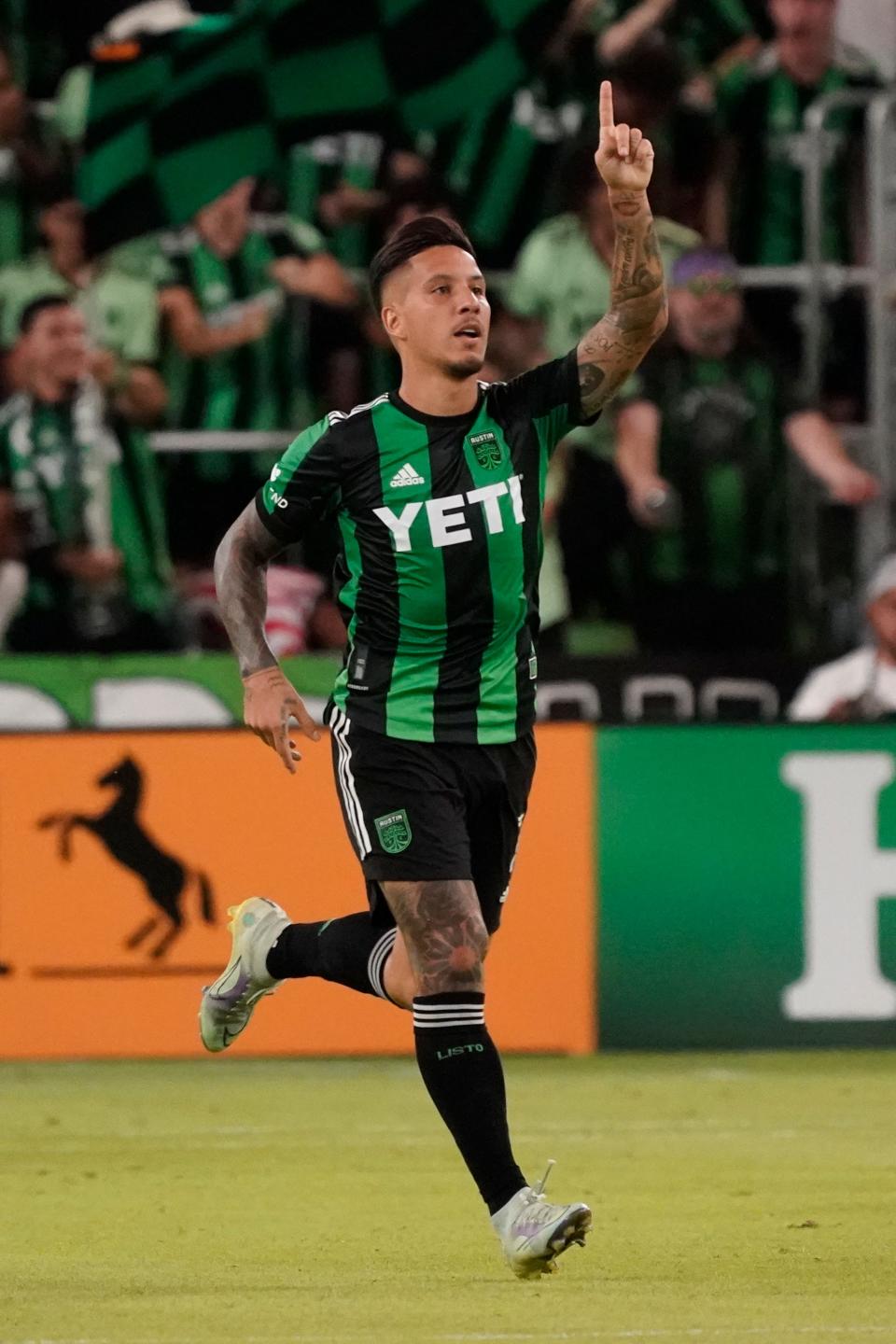 Austin FC midfielder Sebastián Driussi celebrates after scoring a goal against FC Dallas during the teams' 2-2 tie at Q2 Stadium on Saturday. Driussi leads the team in goals this season with nine.