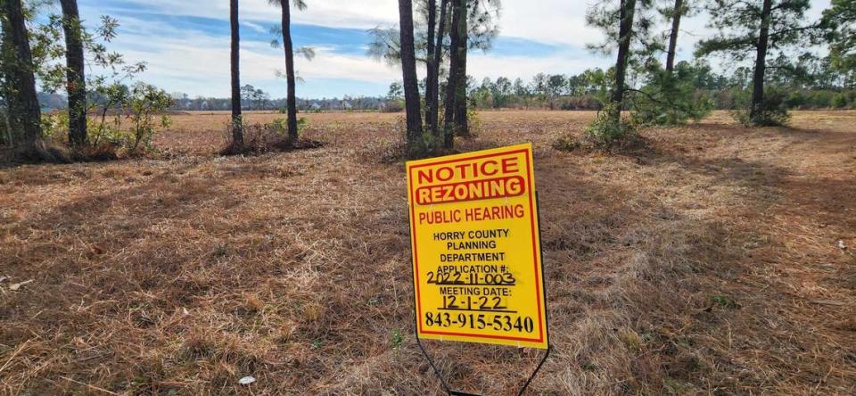 A proposed rezone for 20 acres along Legends Drive that would allow for a mixed-use development including new apartments was deferred by the Horry County Council on Jan. 10, 2023.