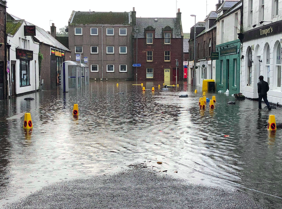 Streets in Stonehaven, Scotland, lie underwater after torrential rain hit the area overnight.