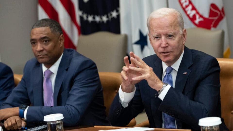 Cedric Richmond, senior advisor to the president and director of the White House Office of Public Engagement, looks on as U.S. President Joe Biden meets with advisors, union and business leaders about infrastructure in the Roosevelt Room of the White House on July 22, 2021 in Washington, DC. (Photo by Drew Angerer/Getty Images)