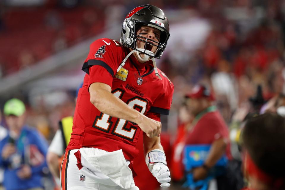 Brady reacts prior to a game in November 2021.