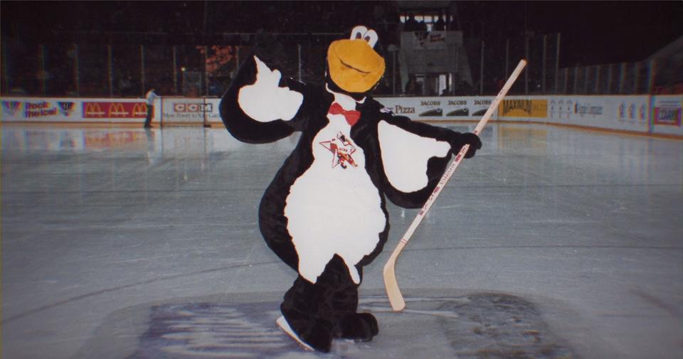 The penguin mascot for the Russian hockey team hits the ice in the documentary "Red Penguins."