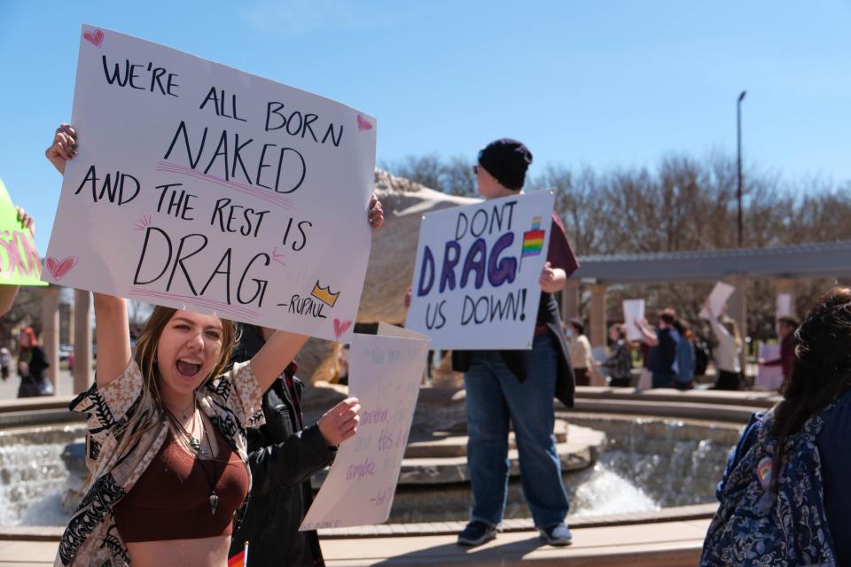 WT students march in protest Tuesday in opposition of the university president's comments about his cancelation of a drag show on the WT campus in Canyon, Texas.