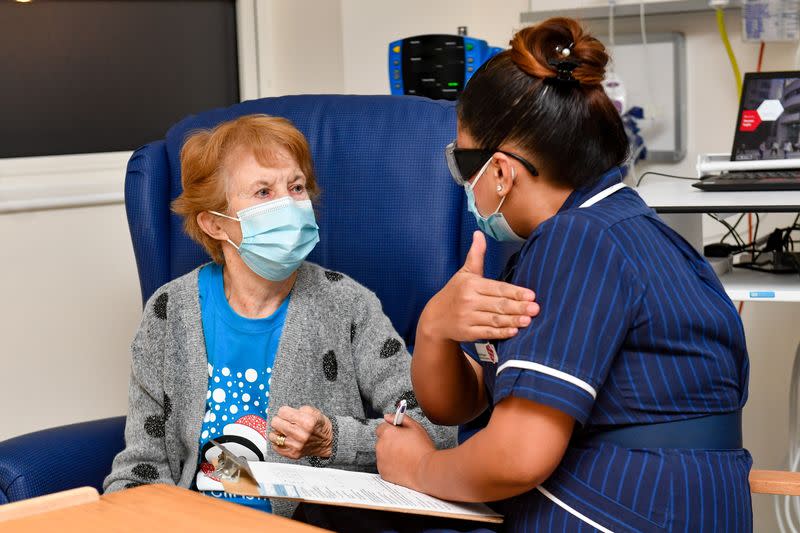 Margaret Keenan, 90, is the first patient in Britain to receive the Pfizer/BioNtech COVID-19 vaccine at University Hospital in Coventry