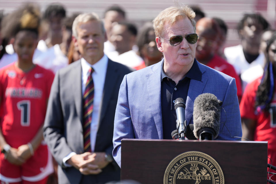 NFL Commissioner Roger Goodell speaks before a bill signing ceremony Tuesday, May 21, 2024, in Nashville, Tenn. Gov. Bill Lee signed a bill requiring all Tennessee high schools to keep an automated external defibrillator available during classes along with all athletic practices and games. (AP Photo/George Walker IV)