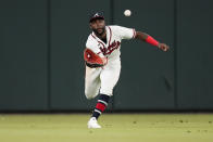 Atlanta Braves center fielder Michael Harris II (23) makes a running catch on a fly ball from New York Mets Jon Berti in the eighth inning of a baseball game against the New York Mets Monday, Aug. 15, 2022, in Atlanta. (AP Photo/John Bazemore)
