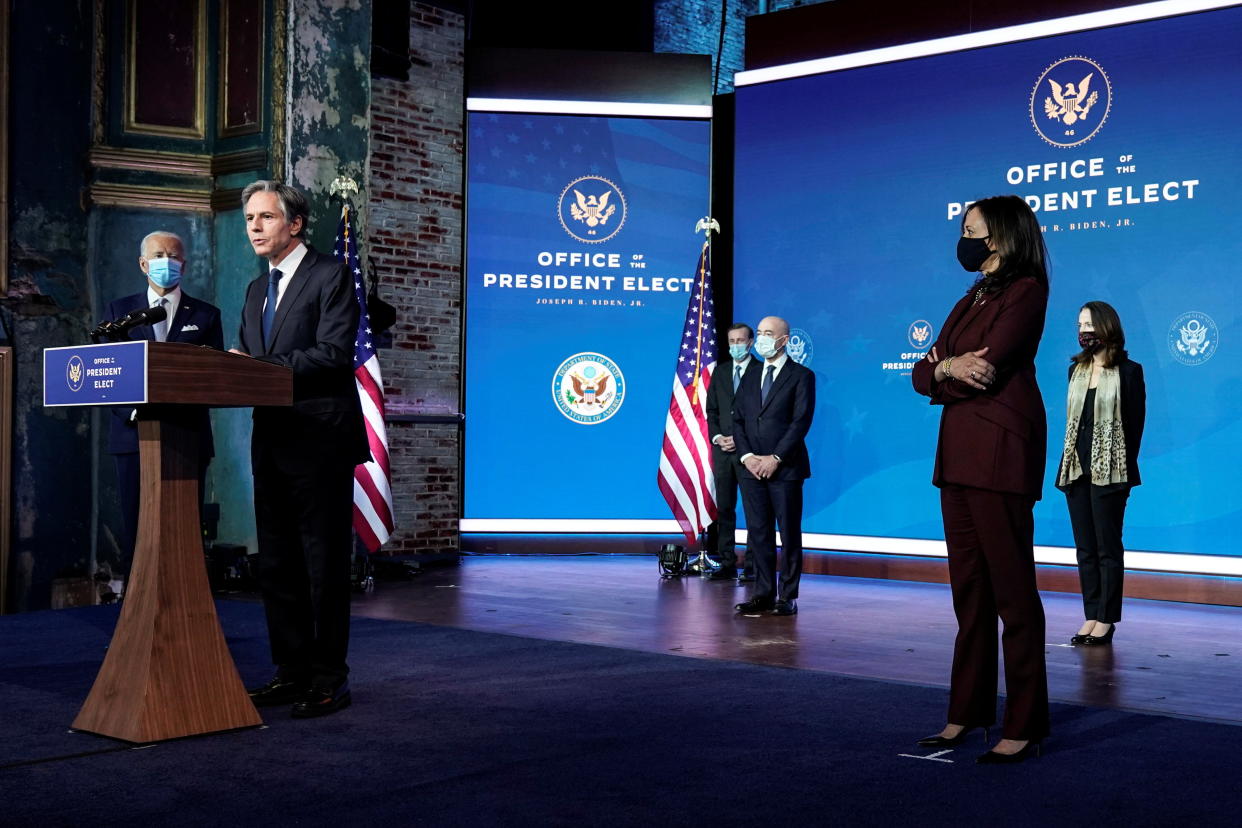 Antony Blinken, President-elect Joe Biden's choice for secretary of state, speaks as Biden, Vice President-elect Kamala Harris and their other national security picks listen on Nov. 24. (Photo: Joshua Roberts/Reuters)