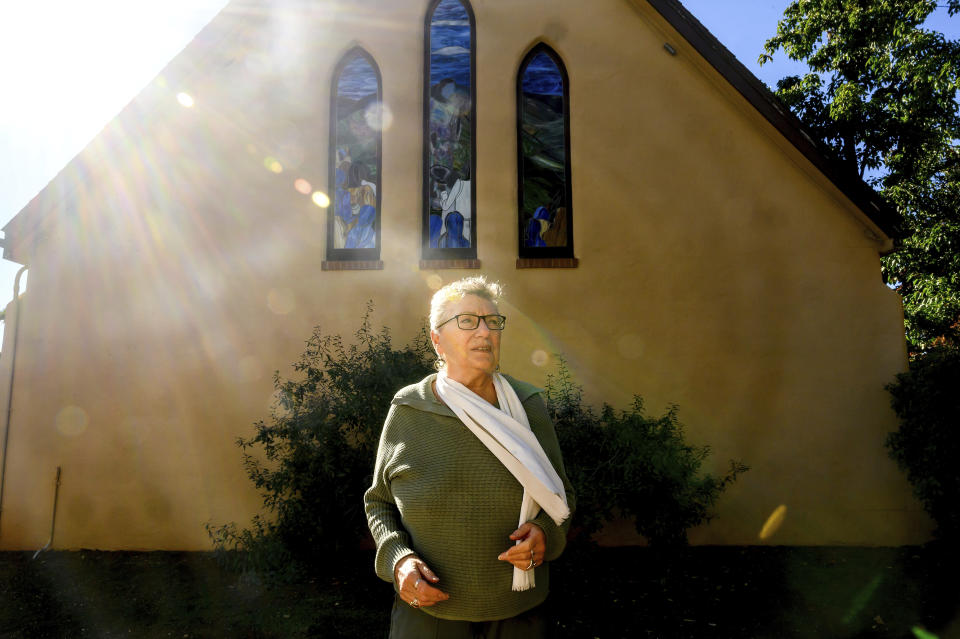 Gwen Nordgen stands outside Paradise Lutheran Church, which she leads as church council president, Thursday, Oct. 26, 2023, in Paradise, Calif. (AP Photo/Noah Berger)