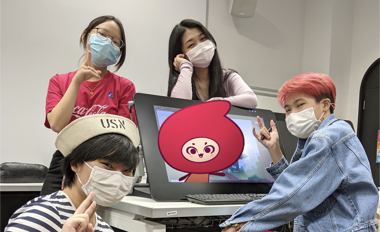 Team Changi Airport members (from left) Sakura Wong Mei Ying, Karis Lee Si En, Zhang Xiaoxin, Eunice Koo Li Wei, all 18, and their red blood cell mascot Gloobie. (PHOTO: Team Changi Airport)