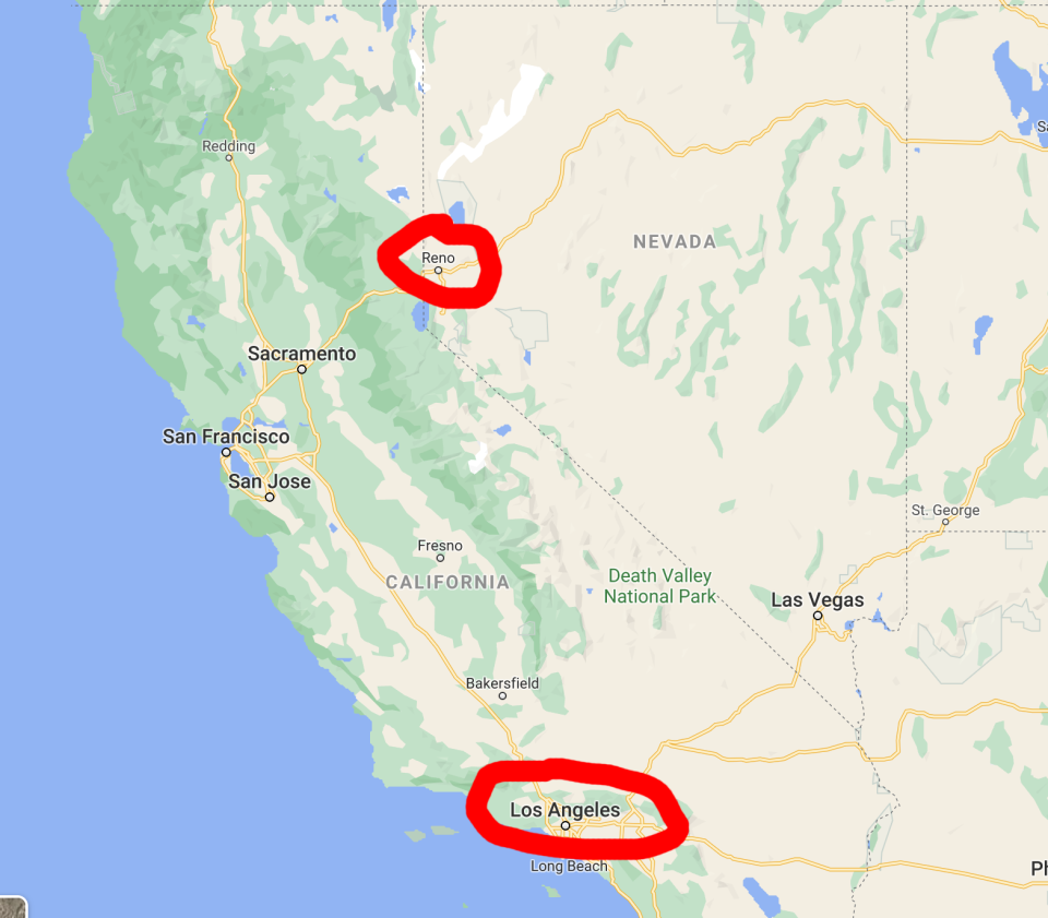 map of reno and LA