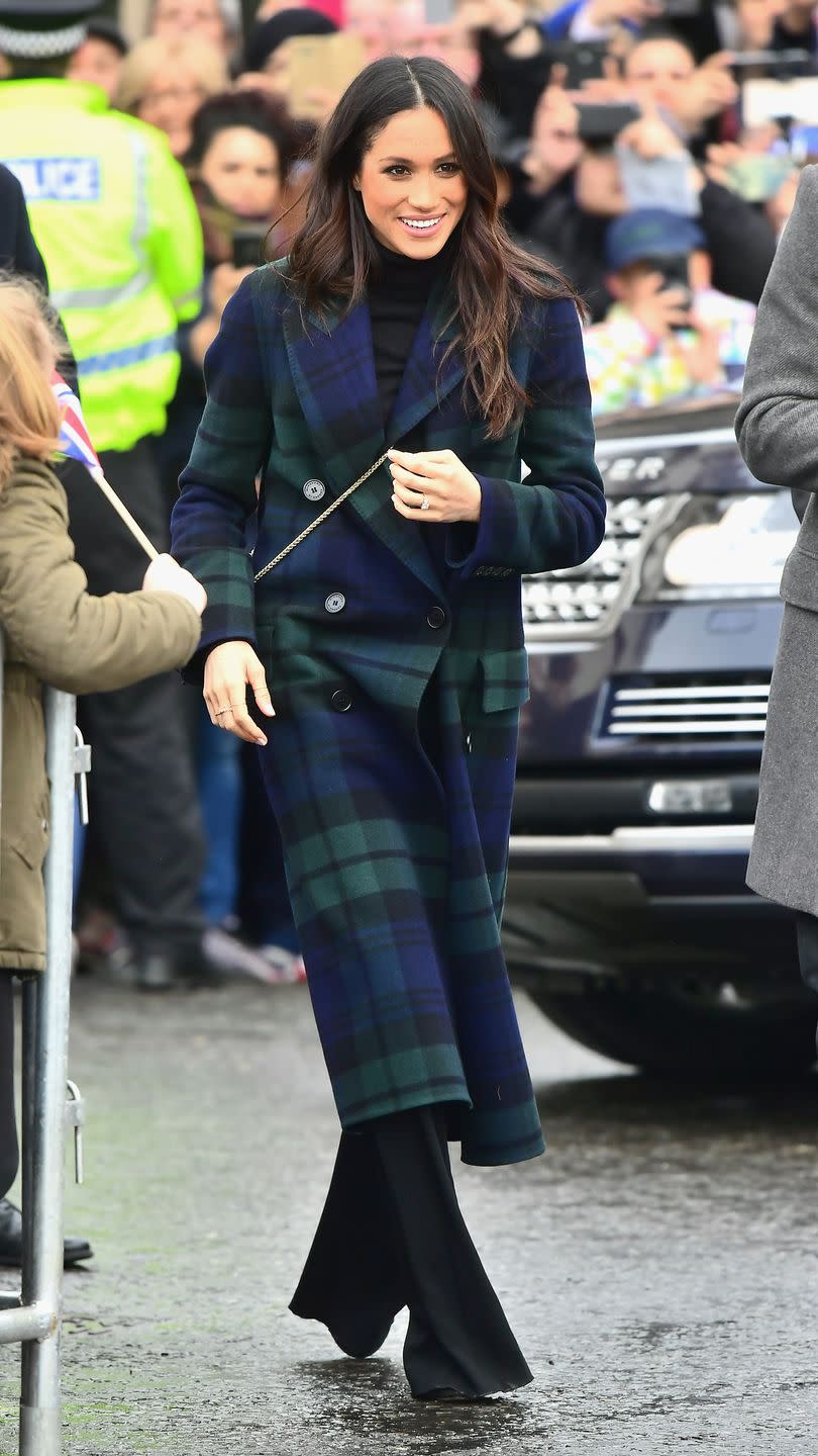 <p>For her first official visit to Scotland, Meghan Markle aptly chose a <a href="https://www.townandcountrymag.com/style/fashion-trends/a17246825/meghan-markles-tartan-coat-scotland/" rel="nofollow noopener" target="_blank" data-ylk="slk:chic blue-and-green tartan coat from Burberry;elm:context_link;itc:0;sec:content-canvas" class="link ">chic blue-and-green tartan coat from Burberry</a> and paired it with black trousers, a simple turtleneck, and <a href="https://www.townandcountrymag.com/style/fashion-trends/a17246750/meghan-markle-handbag-edinburgh-strathberry/" rel="nofollow noopener" target="_blank" data-ylk="slk:a green Strathberry crossbody bag.;elm:context_link;itc:0;sec:content-canvas" class="link ">a green Strathberry crossbody bag.</a></p>