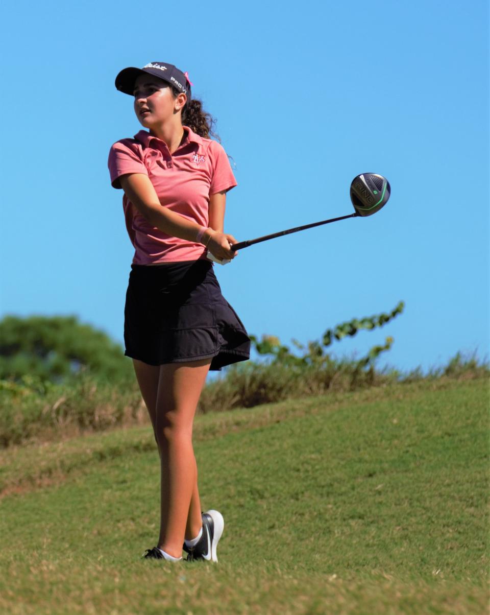 Vero Beach's Dounia Bezzari hits her tee shot on the 15th hole during the girls golf District 8-3A Championship on Wednesday, October 26, 2022 on the Dunes Course at Sandridge Golf Club in Vero Beach. Bezzari shot a 5-over 77 to finish in second overall.