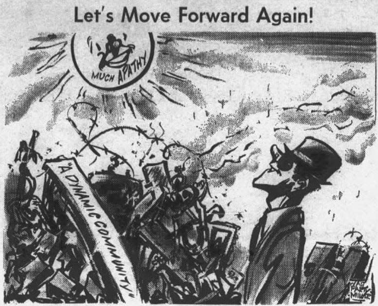 “Dynamic Community” was in the title of two coffee table books published by the York Chamber of Commerce in the 1940s and 1950s. This Gazette and Daily cartoon, from the riots era, indicates momentum is stalled because of apathy in solving community problems. A successor coffee table book in the 1960s was called “Greater York in Action.”