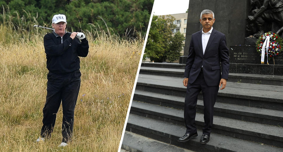 President Donald Trump plays a round of golf and London Mayor Sadiq Khan stands at the Monument to the Ghetto Heroes in Warsaw, Poland Sept. 2, 2019. (Photos: Leon Neal/Getty Images, Maciek Jazwiecki/Agencja Gazeta via Reuters)