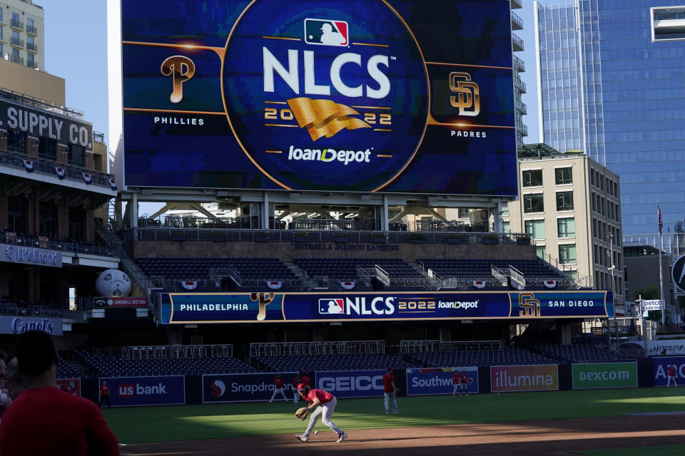 Philadelphia Phillies third baseman Alec Bohm trains during practice ahead of Game 1 of the baseball NL Championship Series against the San Diego Padres, Monday, Oct. 17, 2022, in San Diego. The Padres host the Phillies for Game 1 Oct. 18. (AP Photo/Gregory Bull)