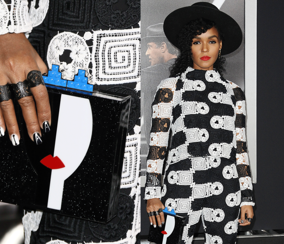 Malgré un ensemble un peu too much, Janelle Monae marque un sans-faute côté sac. Etonnant et graphique, il décore ici la tenue mieux que n’importe quel autre accessoire.