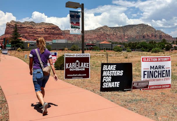 PHOTO: Campaign posters are displayed ahead of Arizona's primary election in Sedona, Ariz., July 23, 2022. (Mario Tama/Getty Images)