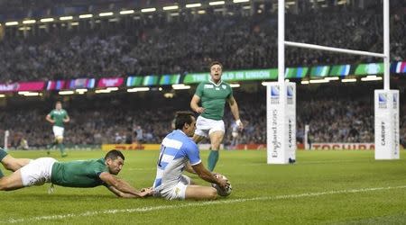 Rugby Union - Ireland v Argentina - IRB Rugby World Cup 2015 Quarter Final - Millennium Stadium, Cardiff, Wales - 18/10/15 Argentina's Juan Imhoff scores their second try Reuters / Toby Melville Livepic - RTS4Y8N