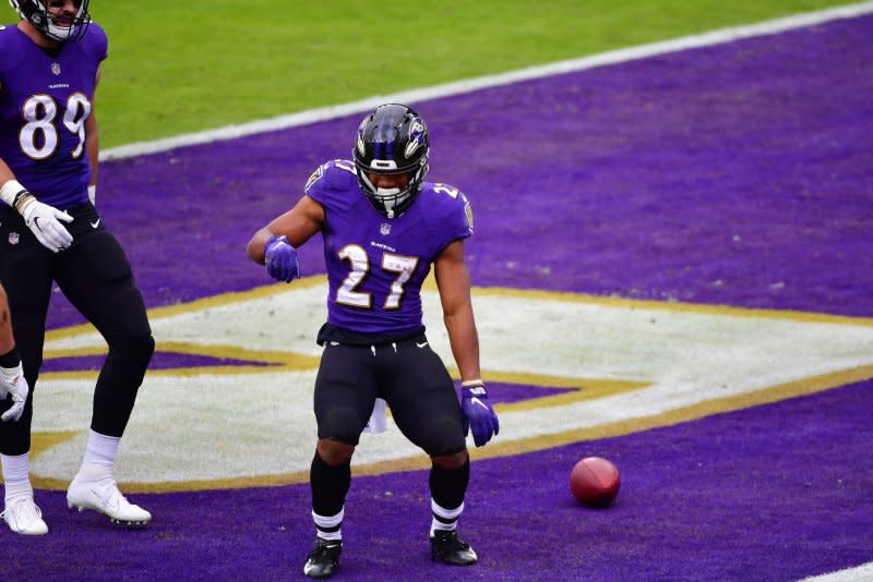Baltimore Ravens running back J.K. Dobbins is a low-end RB1 or high-end RB2 for the 2023 fantasy football season. File Photo by David Tulis/UPI