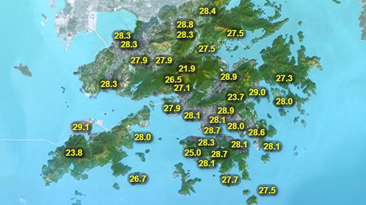 本港地區今日天氣預測大致多雲，有幾陣驟雨。局部地區有雷暴。最高氣溫約31度。(香港天文台)