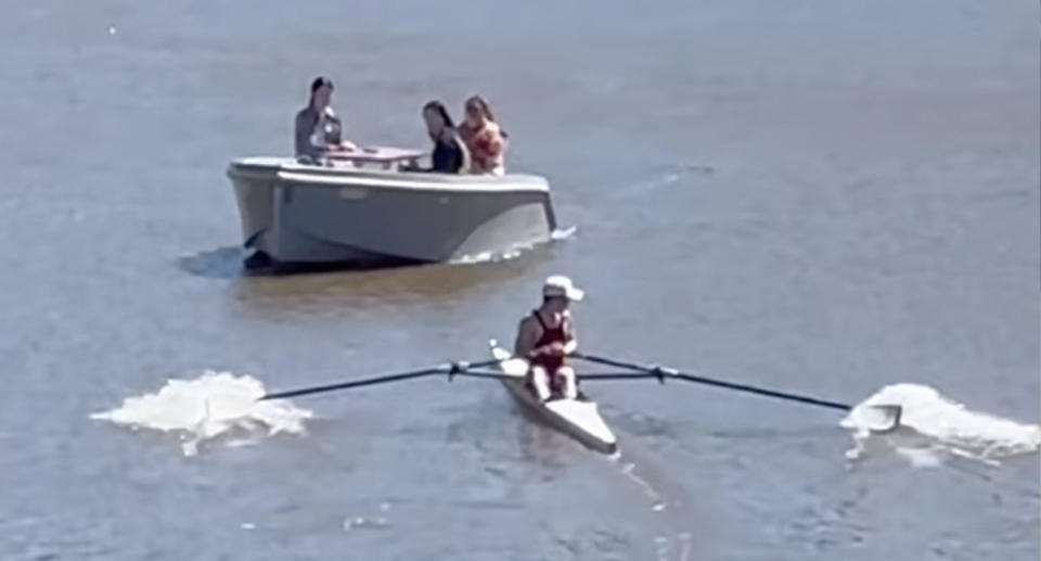 Moments before the 'atrocious' boat act with the rower stopping to try avoid a collision with the hire boat on the Yarra River in Melbourne.